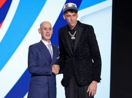 NBA commissioner Adam Silver poses for a photo with Chet Holmgren at the 2022 NBA Draft at Barclay's Center. (Image: Getty)