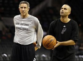 Assistant coach Chip Engelland working on a shooting drill with Tony Parker of the San Antonio Spurs. (Image: Getty)