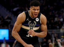 Gannis ‘Greek Freak’ Antetokounmpo from the Milwaukee Buck flexes after hitting a big 3-pointer against the Chicago Bulls in a Central Division battle. (Image: Getty)