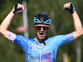 Hugo Houle (Israel-Premier Tech) celebrates his victory in Stage 16 of the Tour de France at the finish line in Foix. (Image: Reuters)