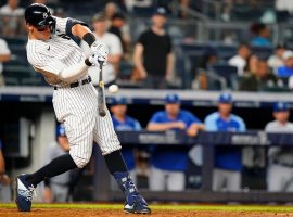 Aaron Judge connects on one of his two home runs on Friday evening against the Kansas City Royals at Yankees Stadium. (Image: Getty)