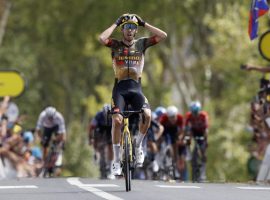 A stunned Christophe Laporte (Jumbo-Visma) crosses the finish line at Cahors to win Stage 19 of the 2022 Tour de France. (Image: Reuters)