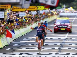 Danish rider Mads Pedersen (Trek-Segafredo) went full gas in Stage 12 to cap off a sprint finish in Stage 12 of the Tour de France. (Image: Getty)