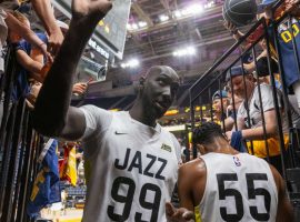 Tacko Fall from the Utah Jazz greets fans in Las Vegas during NBA 2K23 Summer League. (Image: Getty)