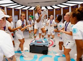 England's players and staff celebrated in the locker room after being awarded the Euro 2022 trophy. (Image: twitter/lionesses)
