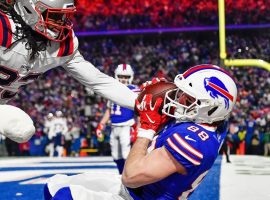 Buffalo Bills tight end Dawson Knox catches a touchdown pass from Josh Allen in the playoffs last season against the New England Patriots. (Image: Getty)