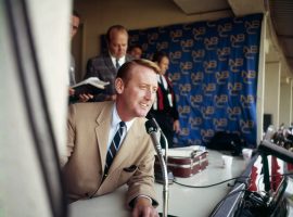 Vin Scully calling a World Series game for NBC in the 1960s. (Image: Getty)